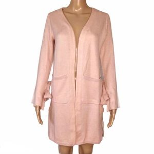 Loft Long Tunic Style Open Front Cardigan Sweater Pink Bow Sleeves Small